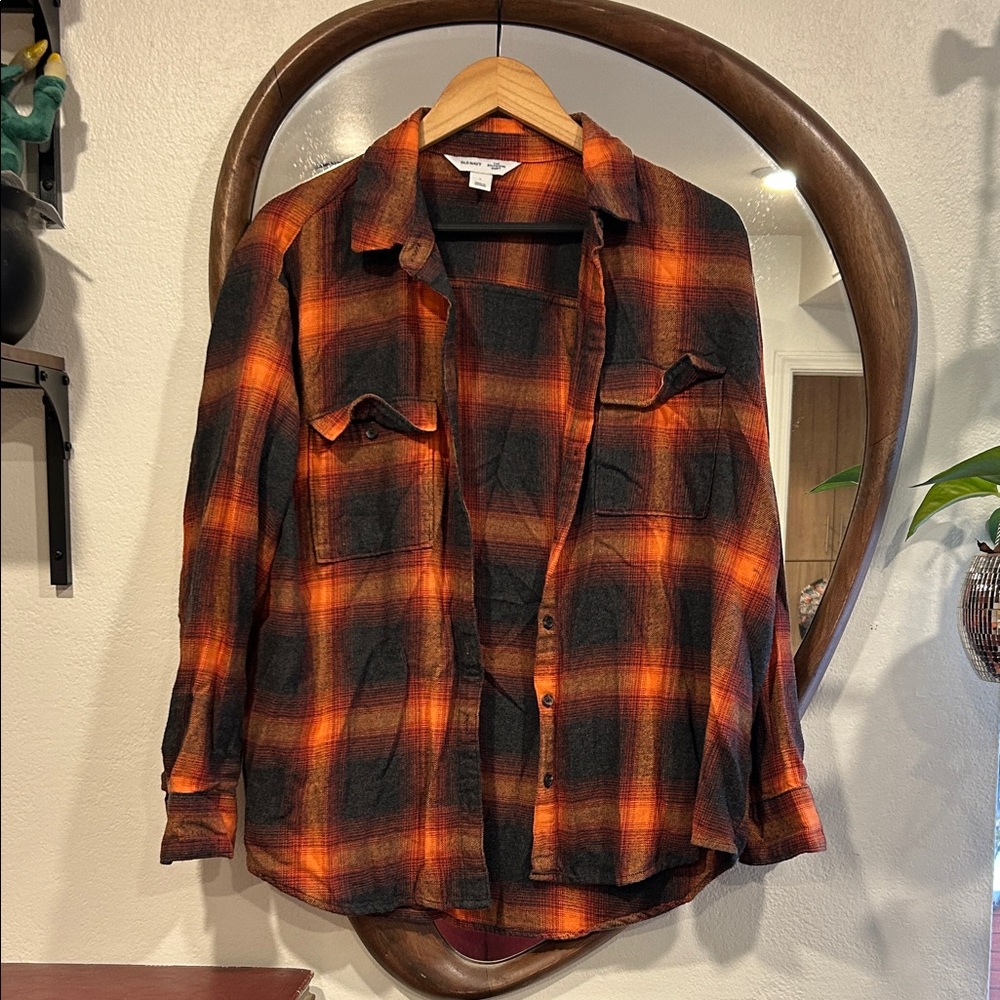 Orange and Black Plaid Button-Up Shirt